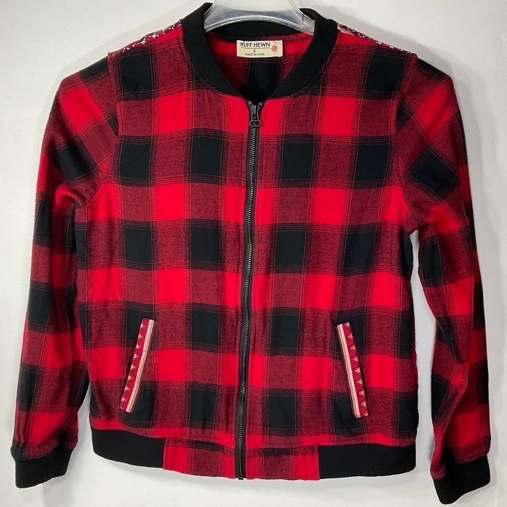 Ruff Hewn Jacket Womens Red Black Buffalo‎ Plaid Embroidered Bomber Size Small S